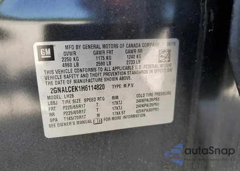 2017 Chevrolet Equinox Lt из США, поврежденный, VIN 2GNALCEK1H6114820